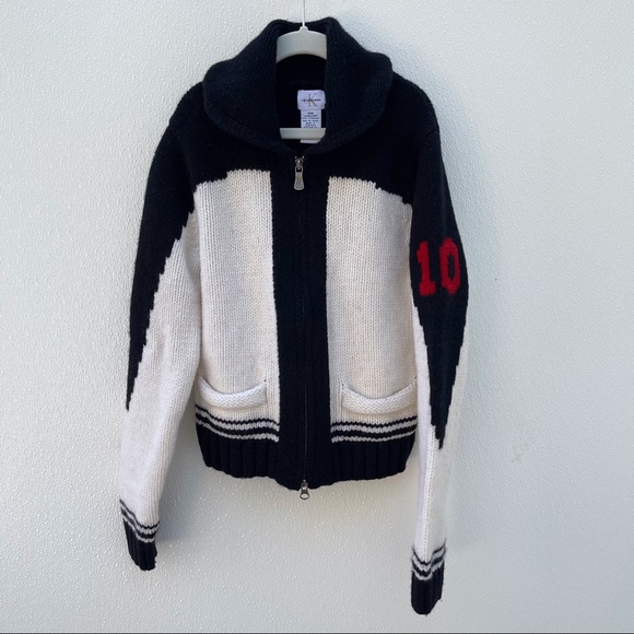 Calvin Klein lambs wool jacket fleece sweater zip up warm designer knit - Picture 1 of 4